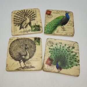 Peacock Natural Stone Coasters Set Of 4 in Open Box